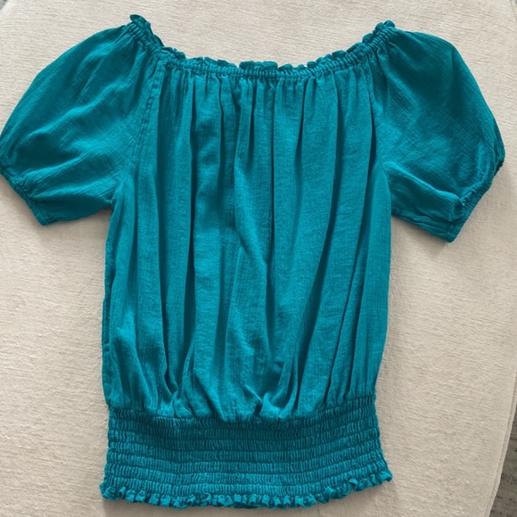 Michael Kors - peasant blouse, short sleeve, Cinched waist - turquoise sz small - Picture 4 of 5